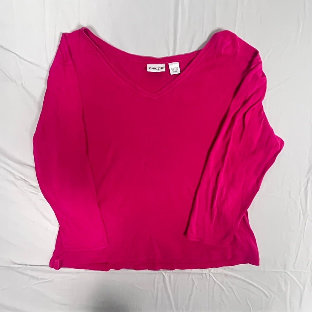 Chicos‎ Knit Top Womens 2 Pink 100% Cotton Comfort Casual Wear Classic V Neck